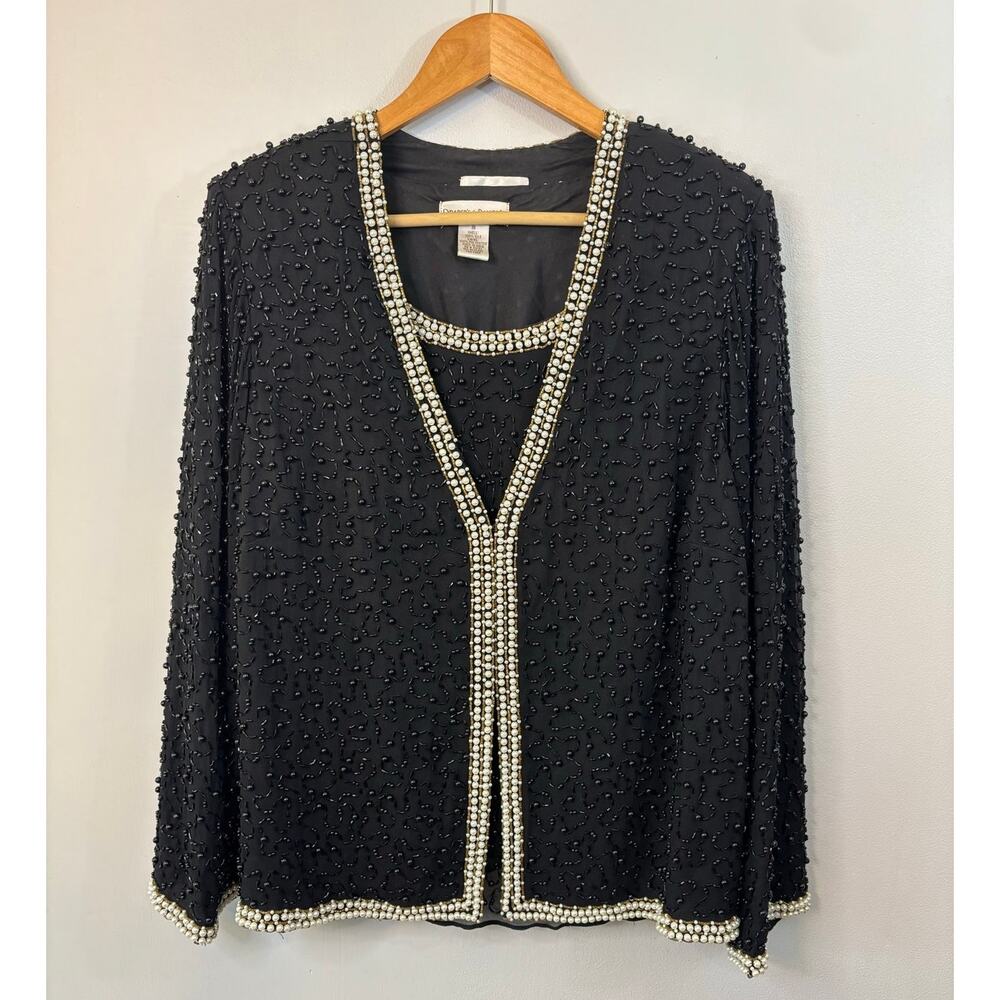 Vintage Black Beaded Silk Evening Jacket and Shell Set Size 18